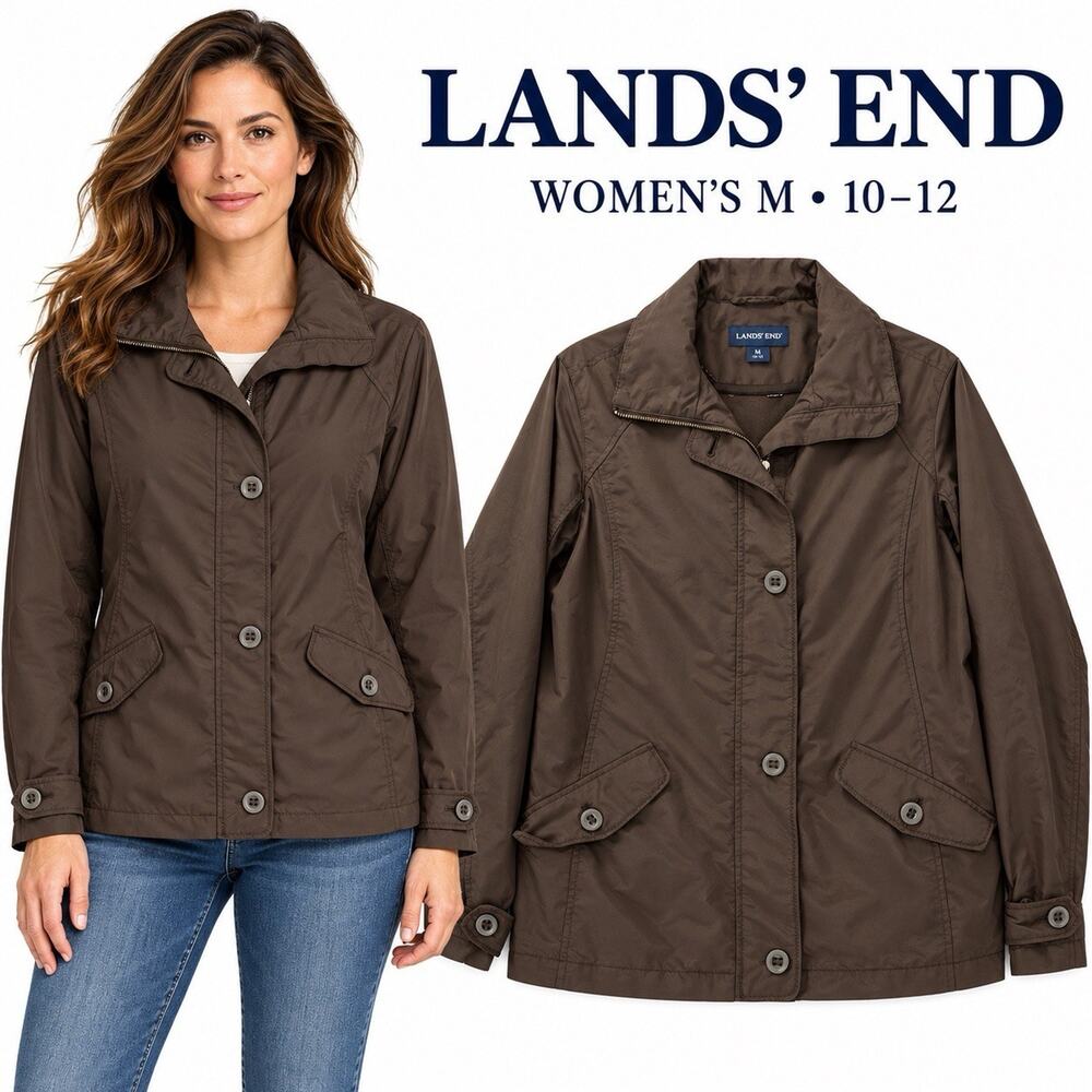 Lands End Womens M 10-12 Brown Nylon Utility Jacket Zip Button Front Pockets
